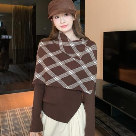 FA47388# 秋季新款气质半高领格子斗篷两件套上衣  服裝批發女裝批發服飾貨源