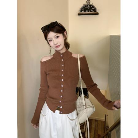 FA47390# 秋冬设计感镂空露肩咖色针织衫女  服裝批發女裝批發服飾貨源