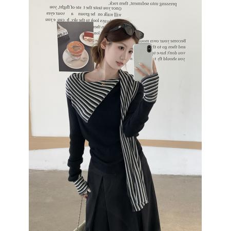 FA47391# 韩系巨好看的撞色条纹拼接飘带长袖T恤女  服裝批發女裝批發服飾貨源