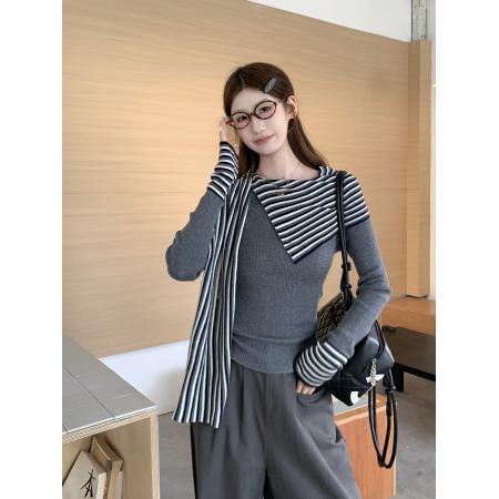 FA47391# 韩系巨好看的撞色条纹拼接飘带长袖T恤女  服裝批發女裝批發服飾貨源