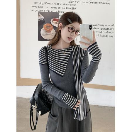 FA47391# 韩系巨好看的撞色条纹拼接飘带长袖T恤女  服裝批發女裝批發服飾貨源