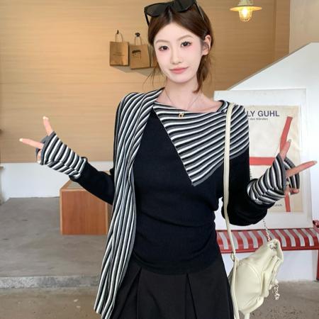 FA47391# 韩系巨好看的撞色条纹拼接飘带长袖T恤女  服裝批發女裝批發服飾貨源