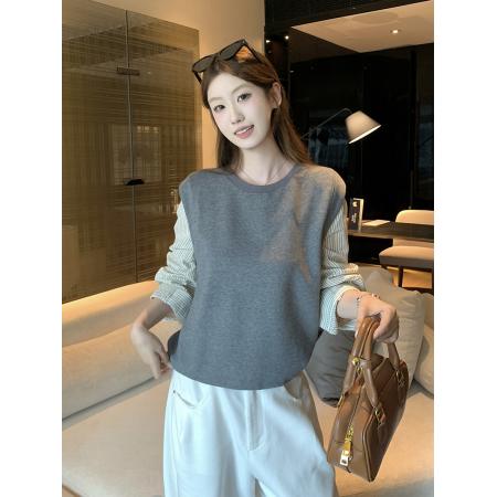 FA47392# 秋季新宽松韩系条纹假两件衬衫女  服裝批發女裝批發服飾貨源