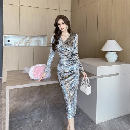 FA47394# 秋冬新款名媛气质V领墨绿金丝绒印花打底连衣裙  服裝批發女裝批發服飾貨源