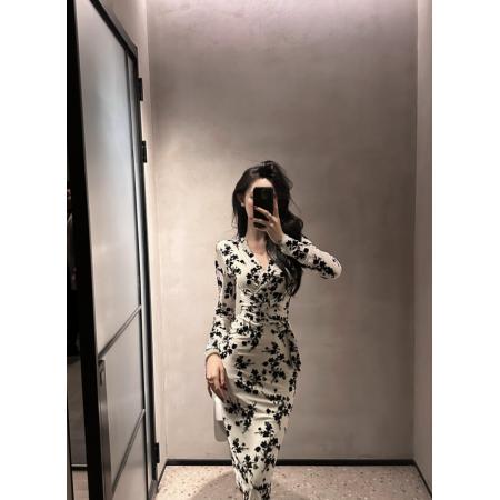 FA47397# 法式气质收腰修身显瘦开叉V领碎花修身裙长裙连衣裙  服裝批發女裝批發服飾貨源