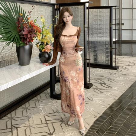 FA47398# 新中式褶皱修身吊带连衣裙+纯色针织开衫外披两件套  服裝批發女裝批發服飾貨源