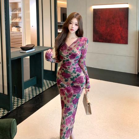 FA47399# 新款法优雅气质V领印花显瘦包臀两件套连衣裙  服裝批發女裝批發服飾貨源