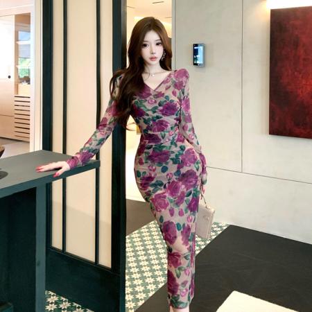 FA47399# 新款法优雅气质V领印花显瘦包臀两件套连衣裙  服裝批發女裝批發服飾貨源