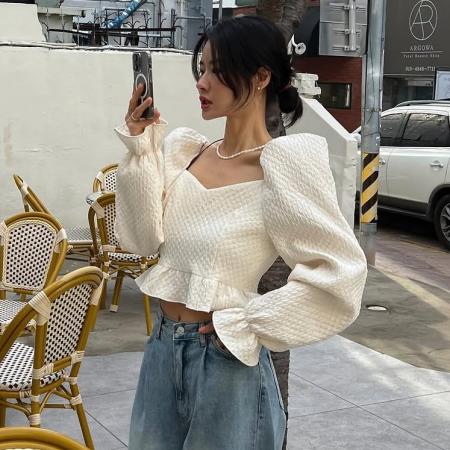 FA47404# 韩国chic法式复古泡泡袖方领衬衫女高级设计感别致上衣  服裝批發女裝批發服飾貨源