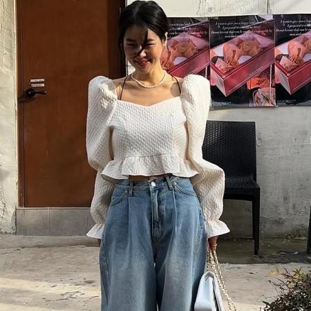 FA47404# 韩国chic法式复古泡泡袖方领衬衫女高级设计感别致上衣  服裝批發女裝批發服飾貨源