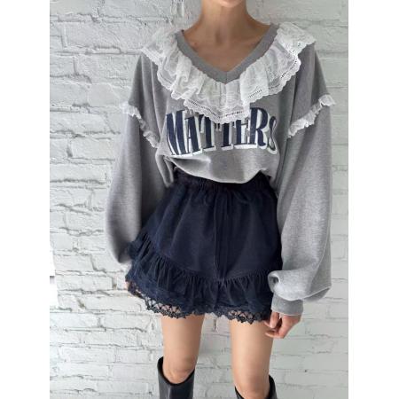 FA47405# 韩国ins秋季款时尚气质百搭蕾丝拼接V领字母印花卫衣  服裝批發女裝批發服飾貨源