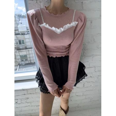 FA47406# 有货韩国chic时尚蕾丝花边拼接木耳边长袖T恤  服裝批發女裝批發服飾貨源