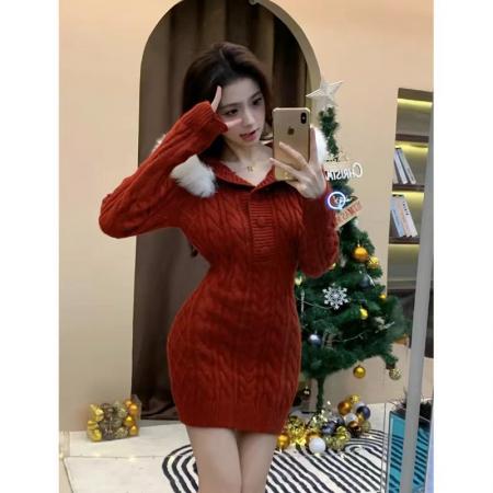 FA47408# 原版质量纯欲辣妹跨年战袍连衣裙女秋冬连帽毛领针织红色包臀裙  服裝批發女裝批發服飾貨源