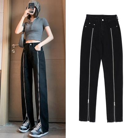 FA47412# 黑色前开叉拉链牛仔裤女秋季设计感高腰直筒宽松显瘦阔腿长裤子潮  服裝批發女裝批發服飾貨源
