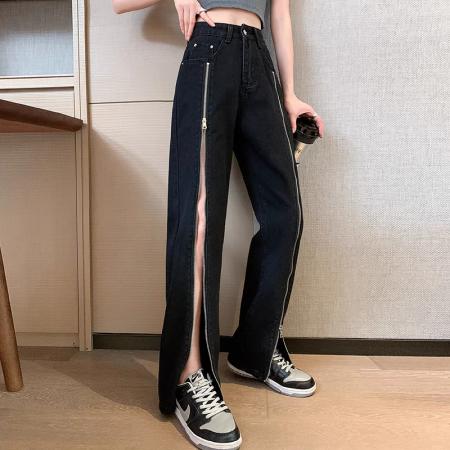FA47412# 黑色前开叉拉链牛仔裤女秋季设计感高腰直筒宽松显瘦阔腿长裤子潮  服裝批發女裝批發服飾貨源