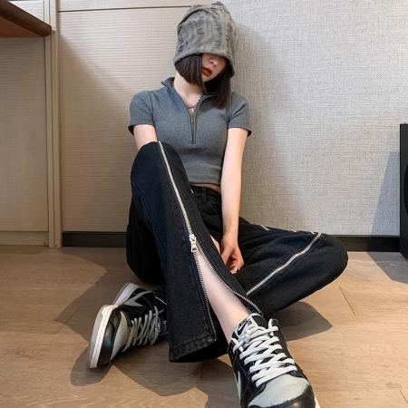 FA47412# 黑色前开叉拉链牛仔裤女秋季设计感高腰直筒宽松显瘦阔腿长裤子潮  服裝批發女裝批發服飾貨源