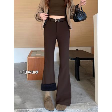FA47414# 加绒加厚皮带款微喇叭休闲裤女高腰修身显瘦长裤  服裝批發女裝批發服飾貨源