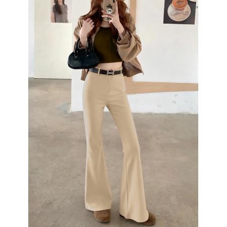 FA47414# 加绒加厚皮带款微喇叭休闲裤女高腰修身显瘦长裤  服裝批發女裝批發服飾貨源