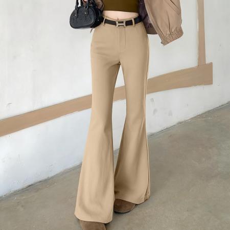 FA47414# 加绒加厚皮带款微喇叭休闲裤女高腰修身显瘦长裤  服裝批發女裝批發服飾貨源