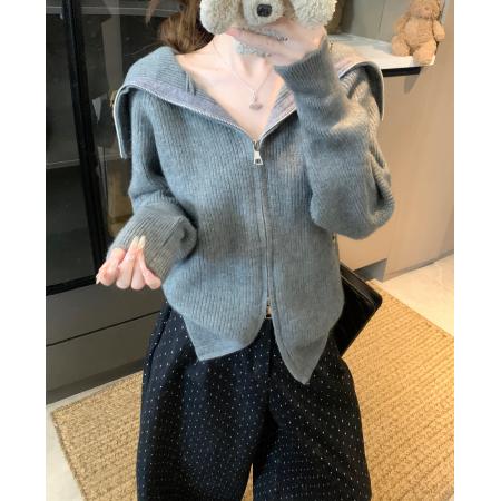 FA47415# 大码女装慵懒风针织开衫女秋冬新款胖mm双拉链翻领毛衣外套女  服裝批發女裝批發服飾貨源