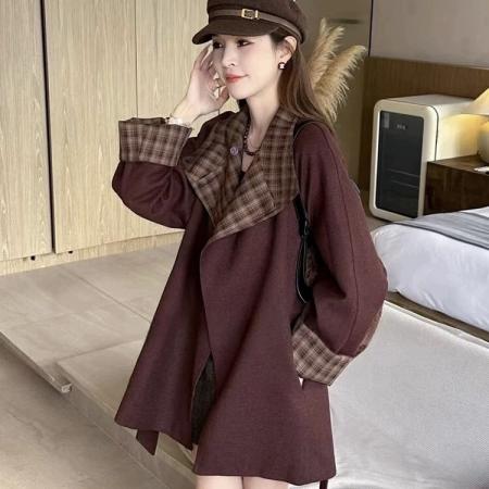 LN76372# 韩系撞色格子拼接毛呢风衣外套女秋新款宽松廓形显瘦百搭大衣