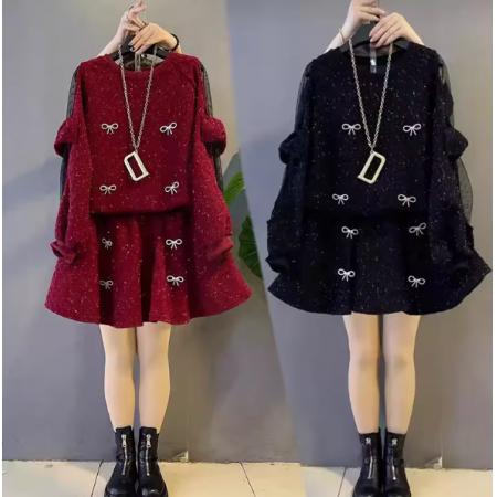 LN76373# 大码女装新款秋季套装女胖mm小香风蝴蝶结减龄上衣短裙两件套