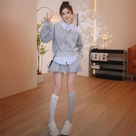 FA47518# 欧货衬衫拼接长袖卫衣春秋高级感时尚百搭上衣半裙套装  服裝批發女裝批發服飾貨源