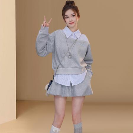 FA47518# 欧货衬衫拼接长袖卫衣春秋高级感时尚百搭上衣半裙套装  服裝批發女裝批發服飾貨源