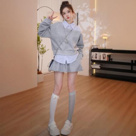 FA47518# 欧货衬衫拼接长袖卫衣春秋高级感时尚百搭上衣半裙套装  服裝批發女裝批發服飾貨源