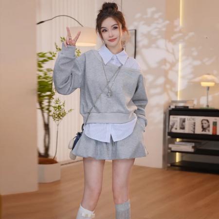 FA47518# 欧货衬衫拼接长袖卫衣春秋高级感时尚百搭上衣半裙套装  服裝批發女裝批發服飾貨源