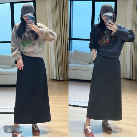 FA47520# 款百搭休闲时尚番茄印花圆领卫衣简约开叉半身裙两件套  服裝批發女裝批發服飾貨源