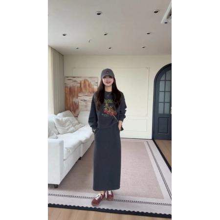 FA47520# 款百搭休闲时尚番茄印花圆领卫衣简约开叉半身裙两件套  服裝批發女裝批發服飾貨源