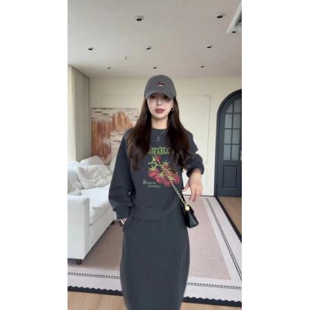 FA47520# 款百搭休闲时尚番茄印花圆领卫衣简约开叉半身裙两件套  服裝批發女裝批發服飾貨源