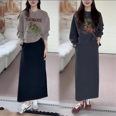 FA47520# 款百搭休闲时尚番茄印花圆领卫衣简约开叉半身裙两件套  服裝批發女裝批發服飾貨源