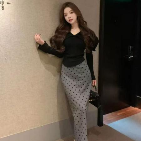 FA47523# 新款时尚气质斗篷披肩式修身针织内搭+圆点半身裙  服裝批發女裝批發服飾貨源