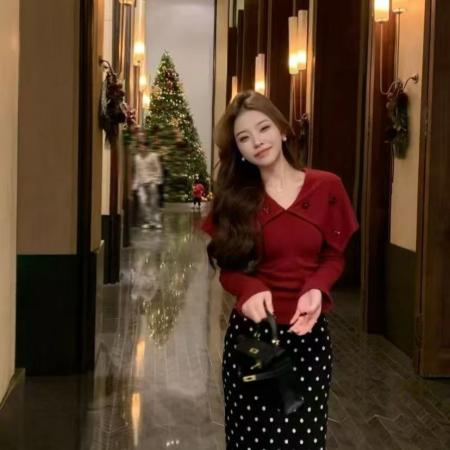 FA47523# 新款时尚气质斗篷披肩式修身针织内搭+圆点半身裙  服裝批發女裝批發服飾貨源