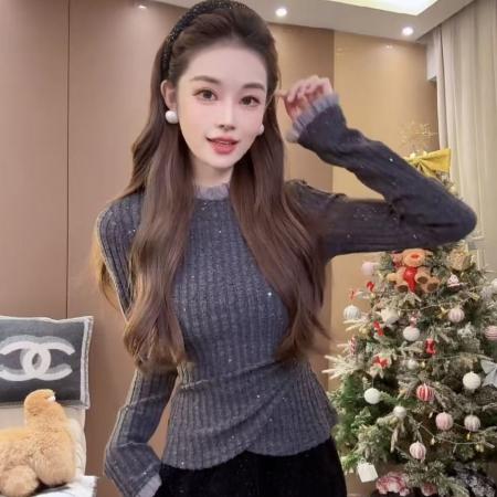 FA47524# 尤猫百搭显瘦设计蕾丝感拼接气质花边外套女+显瘦休闲高腰裤  服裝批發女裝批發服飾貨源