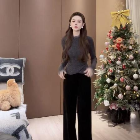 FA47524# 尤猫百搭显瘦设计蕾丝感拼接气质花边外套女+显瘦休闲高腰裤  服裝批發女裝批發服飾貨源