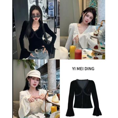 FA47525# 依美丁时尚气质喇叭袖蕾丝花边V领丝绒上衣  服裝批發女裝批發服飾貨源