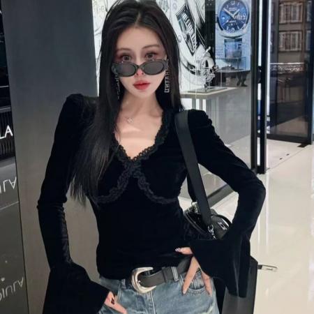 FA47525# 依美丁时尚气质喇叭袖蕾丝花边V领丝绒上衣  服裝批發女裝批發服飾貨源