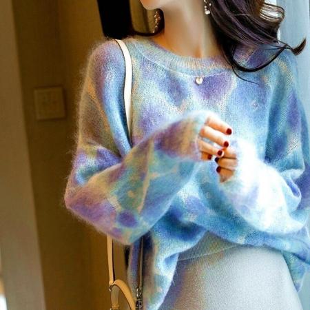 马海毛衣女秋冬慵懒风彩虹色扎染套头宽松外搭打底衫上衣  服裝批發女裝批發服飾貨源