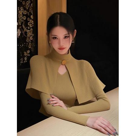 FA47528# 轻熟风假两件红色斗篷披肩针织衫秋季新款小众不撞款绝美上衣  服裝批發女裝批發服飾貨源