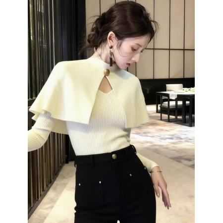 FA47528# 轻熟风假两件红色斗篷披肩针织衫秋季新款小众不撞款绝美上衣  服裝批發女裝批發服飾貨源