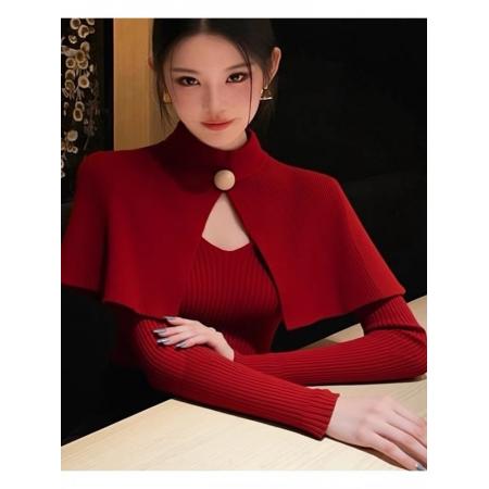 FA47528# 轻熟风假两件红色斗篷披肩针织衫秋季新款小众不撞款绝美上衣  服裝批發女裝批發服飾貨源