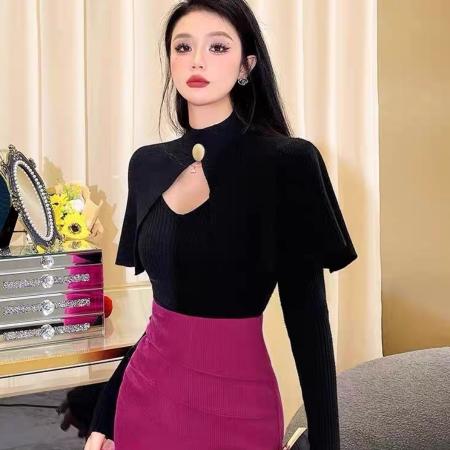 FA47528# 轻熟风假两件红色斗篷披肩针织衫秋季新款小众不撞款绝美上衣  服裝批發女裝批發服飾貨源