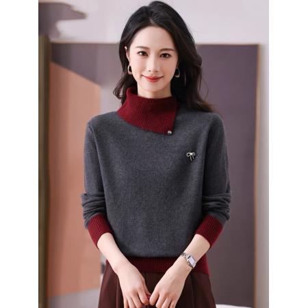 半高翻领拼色毛衣女秋冬加厚设计感洋气内搭针织打底羊毛衫  服裝批發女裝批發服飾貨源