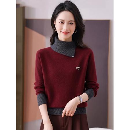 FA47529# 半高翻领拼色毛衣女秋冬加厚设计感洋气内搭针织打底羊毛衫  服裝批發女裝批發服飾貨源