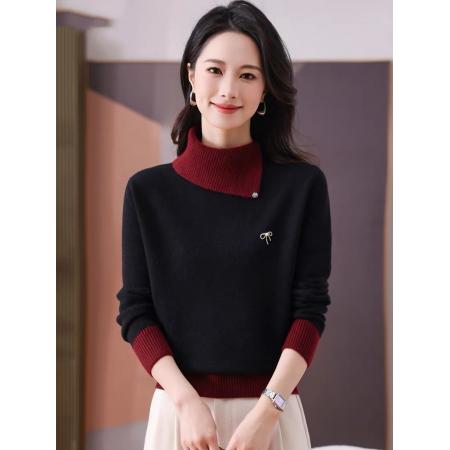 FA47529# 半高翻领拼色毛衣女秋冬加厚设计感洋气内搭针织打底羊毛衫  服裝批發女裝批發服飾貨源