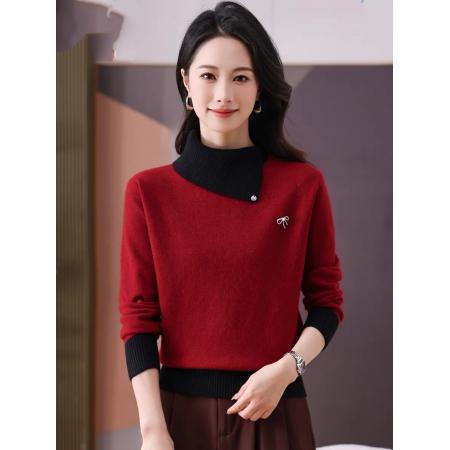 FA47529# 半高翻领拼色毛衣女秋冬加厚设计感洋气内搭针织打底羊毛衫  服裝批發女裝批發服飾貨源