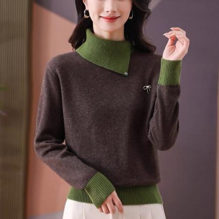 FA47529# 半高翻领拼色毛衣女秋冬加厚设计感洋气内搭针织打底羊毛衫  服裝批發女裝批發服飾貨源